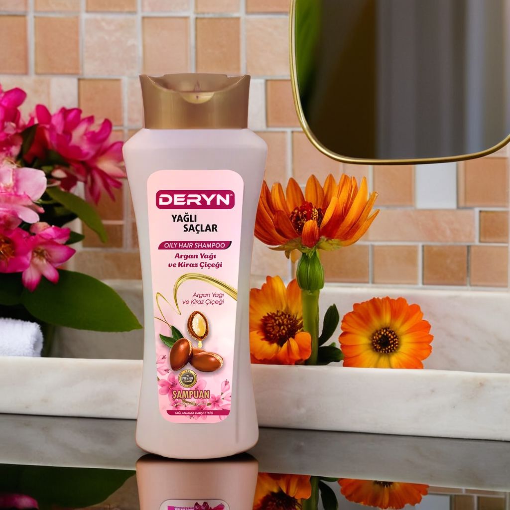 Deryn 600 ml Yağlı Saçlar İçin Şampuan - Besleyici Argan Yağı ve Ferahlatıcı Kiraz Çiçeği